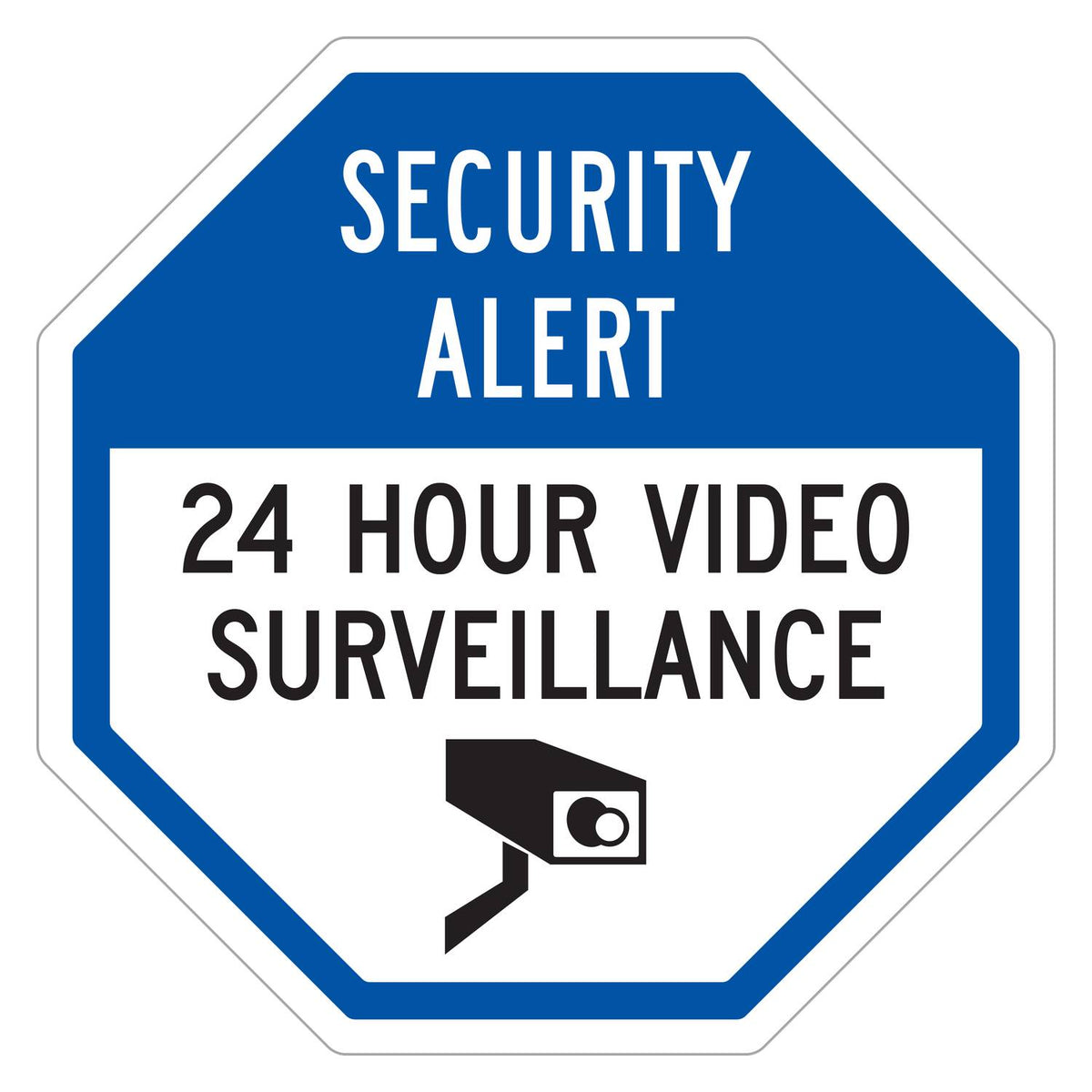 Security Alert 24 Hour Video Surveillance Sign - blue octagon sign with white SECURITY ALERT header, black 24 HOUR VIDEO SURVEILLANCE on a white panel and a video camera symbol