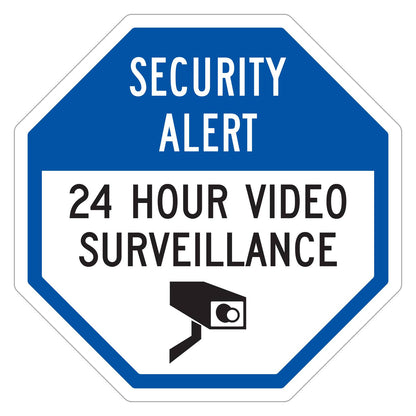 Security Alert 24 Hour Video Surveillance Sign - blue octagon sign with white SECURITY ALERT header, black 24 HOUR VIDEO SURVEILLANCE on a white panel and a video camera symbol