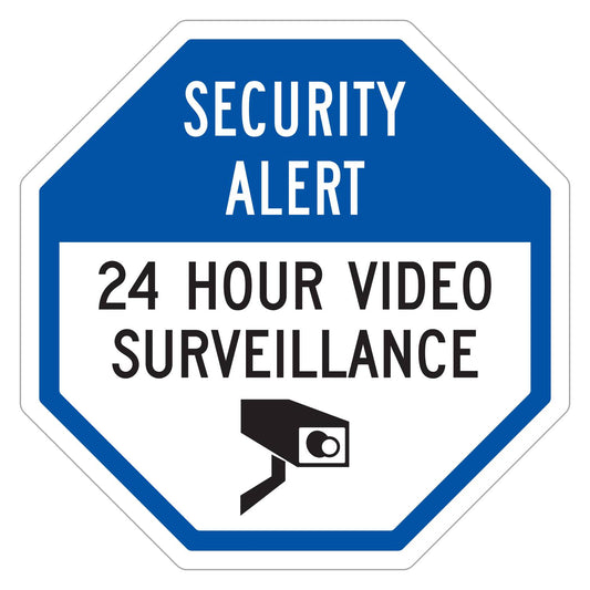 Security Alert 24 Hour Video Surveillance Sign - blue octagon sign with white SECURITY ALERT header, black 24 HOUR VIDEO SURVEILLANCE on a white panel and a video camera symbol