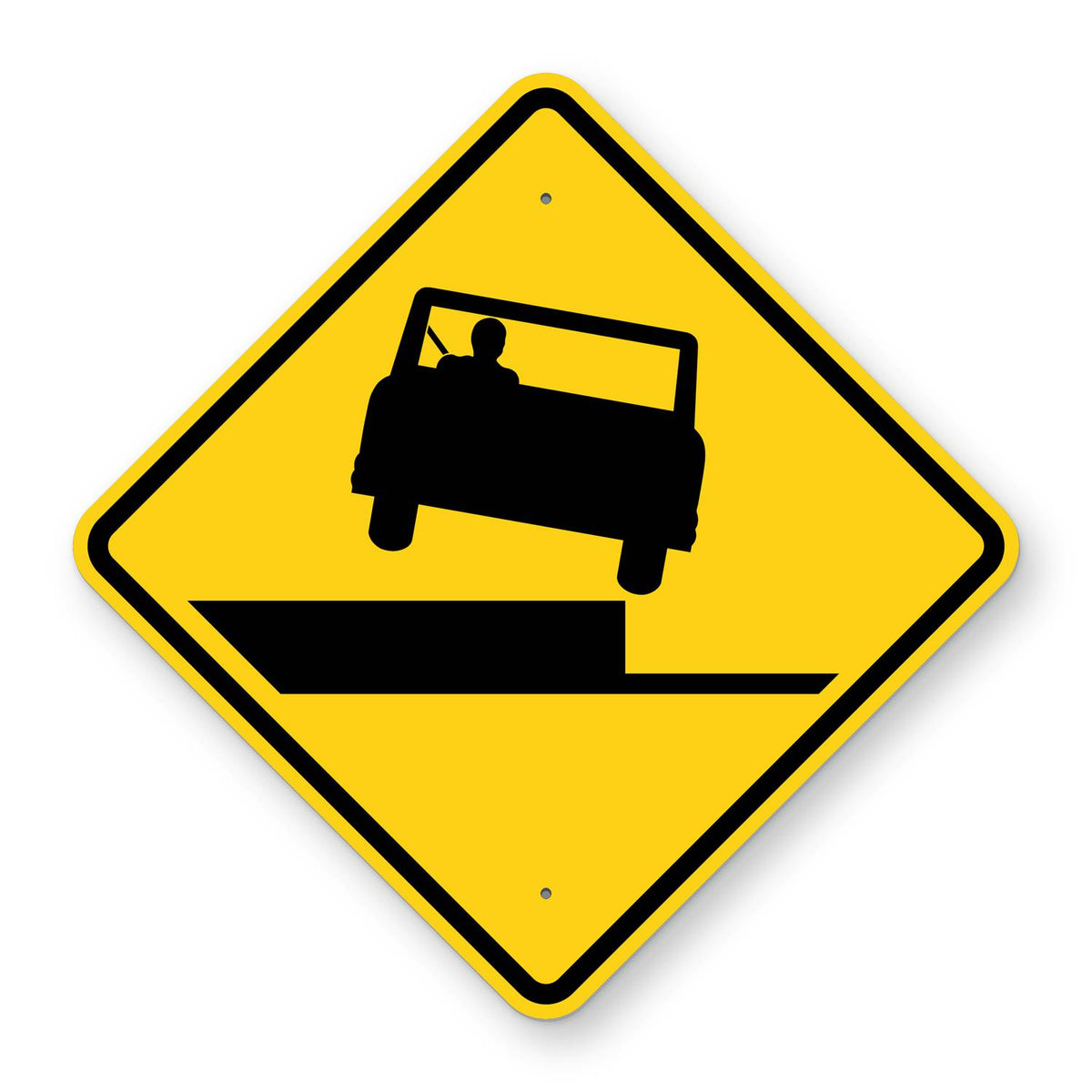 Shoulder Drop-Off Right Warning Sign W8-17R - yellow diamond sign with a black symbol of a car tipping over a shoulder drop-off on the right