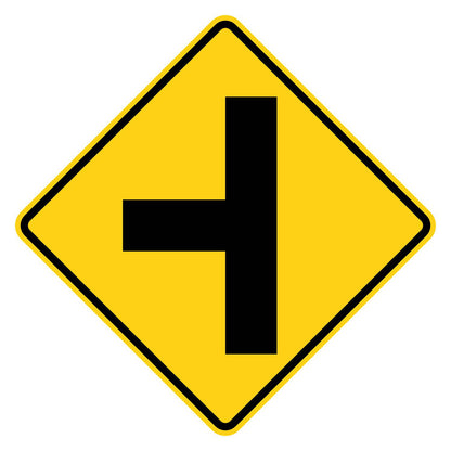 Side Road Left Warning Sign W2-2L - yellow diamond sign with black T-shaped road layout branching left