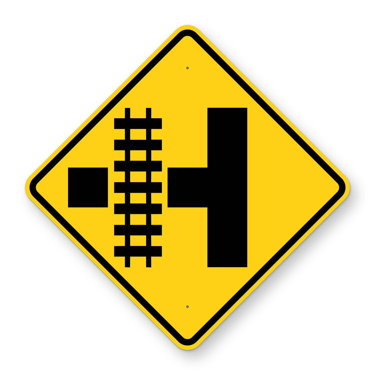 Side Road Railroad Crossing Left Warning Sign W10-3L - yellow diamond sign with a black symbol of railroad tracks crossing a side road on the left