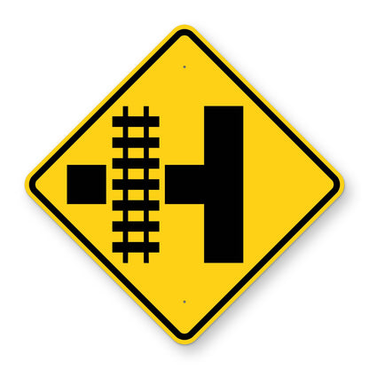 Side Road Railroad Crossing Left Warning Sign W10-3L - yellow diamond sign with a black symbol of railroad tracks crossing a side road on the left