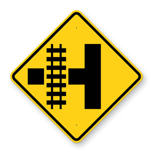 Side Road Railroad Crossing Left Warning Sign W10-3L - yellow diamond sign with a black symbol of railroad tracks crossing a side road on the left