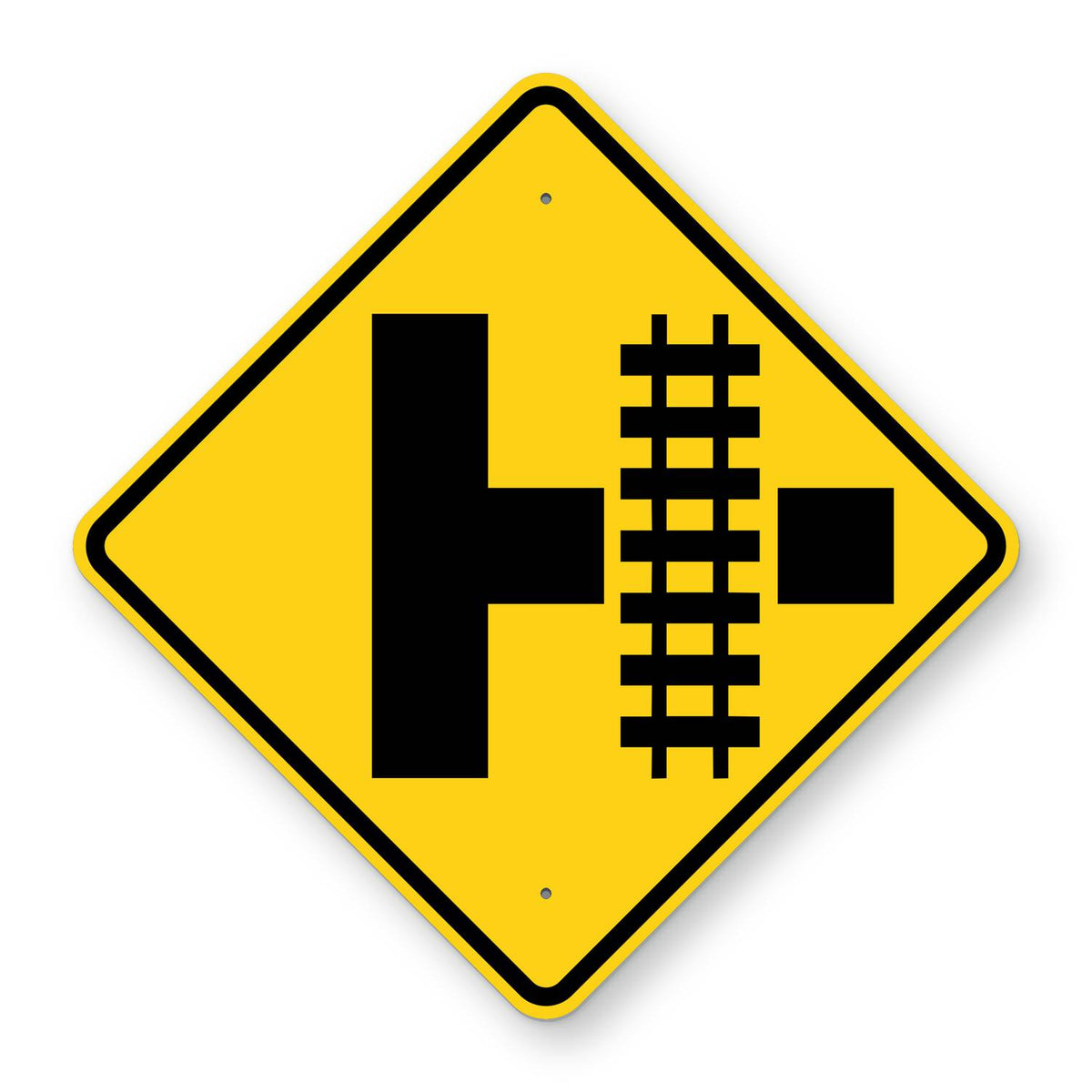 Side Road Railroad Crossing Right Warning Sign W10-3R - yellow diamond sign with a black symbol of railroad tracks crossing a side road on the right