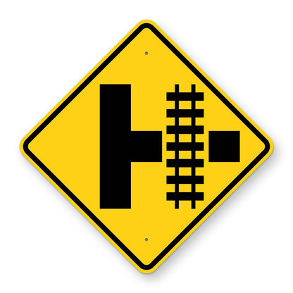 Side Road Railroad Crossing Right Warning Sign W10-3R - yellow diamond sign with a black symbol of railroad tracks crossing a side road on the right