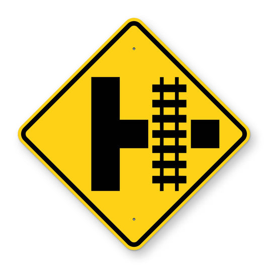 Side Road Railroad Crossing Right Warning Sign W10-3R - yellow diamond sign with a black symbol of railroad tracks crossing a side road on the right