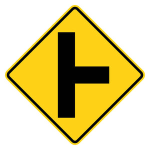 Side Road Right Warning Sign W2-2R - yellow diamond sign with black T-shaped road layout branching right