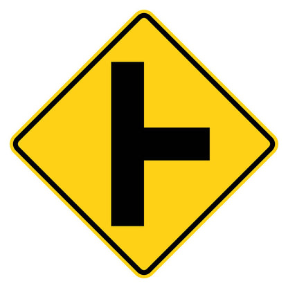 Side Road Right Warning Sign W2-2R - yellow diamond sign with black T-shaped road layout branching right