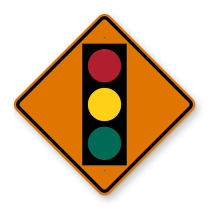 Signal Ahead Construction Sign W3-3 - orange diamond sign with a black traffic signal showing red, yellow and green lights