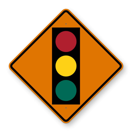 Signal Ahead Construction Sign W3-3 - orange diamond sign with a black traffic signal showing red, yellow and green lights