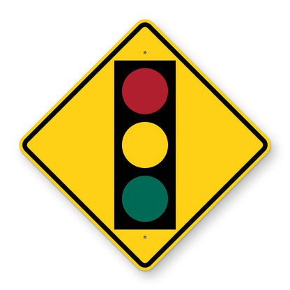 Signal Ahead Warning Sign W3-3 - yellow diamond sign with a black traffic signal showing red, yellow and green lights