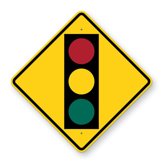 Signal Ahead Warning Sign W3-3 - yellow diamond sign with a black traffic signal showing red, yellow and green lights