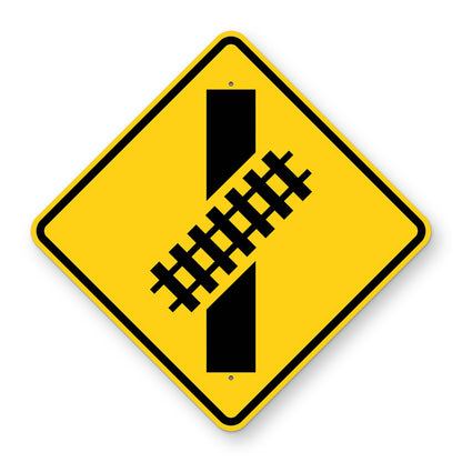 Skewed Railroad Crossing Warning Sign W10-12 - yellow diamond sign with a black symbol of railroad tracks crossing the road at an angle