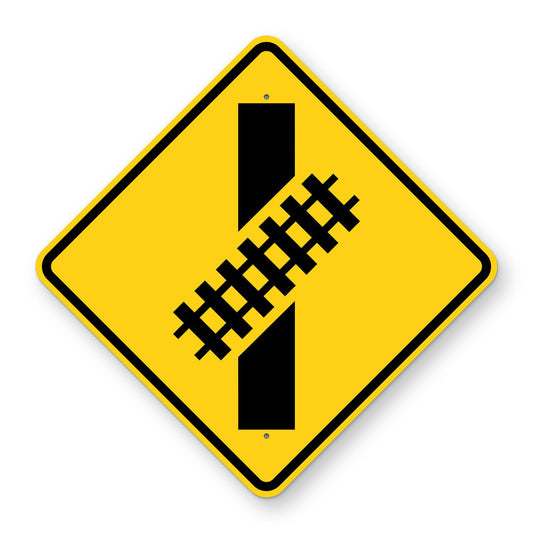 Skewed Railroad Crossing Warning Sign W10-12 - yellow diamond sign with a black symbol of railroad tracks crossing the road at an angle