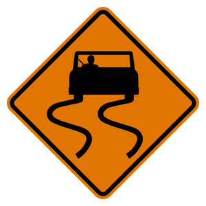 Slippery When Wet Construction Sign W8-5 - orange diamond sign with black car pictograph above two skid marks