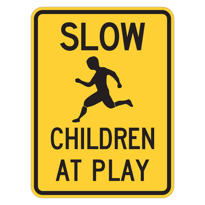 Slow Children (Symbol) at Play Sign (Vertical) - yellow vertical rectangle sign reading SLOW above a black running child symbol and CHILDREN AT PLAY