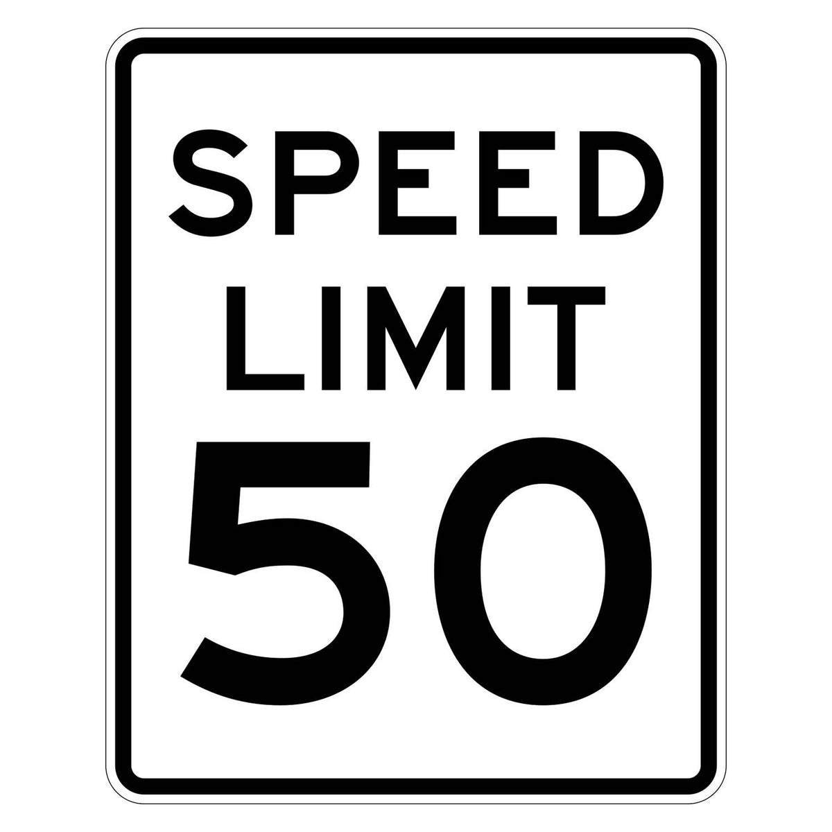 Speed Limit 50 MPH Sign R2-1 - white vertical rectangle sign reading SPEED LIMIT 50 in black