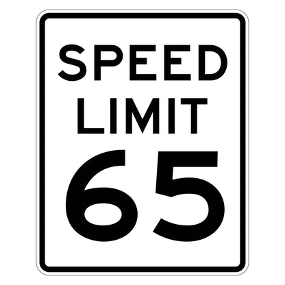 Speed Limit 65 MPH Sign R2-1 - white vertical rectangle sign reading SPEED LIMIT 65 in black