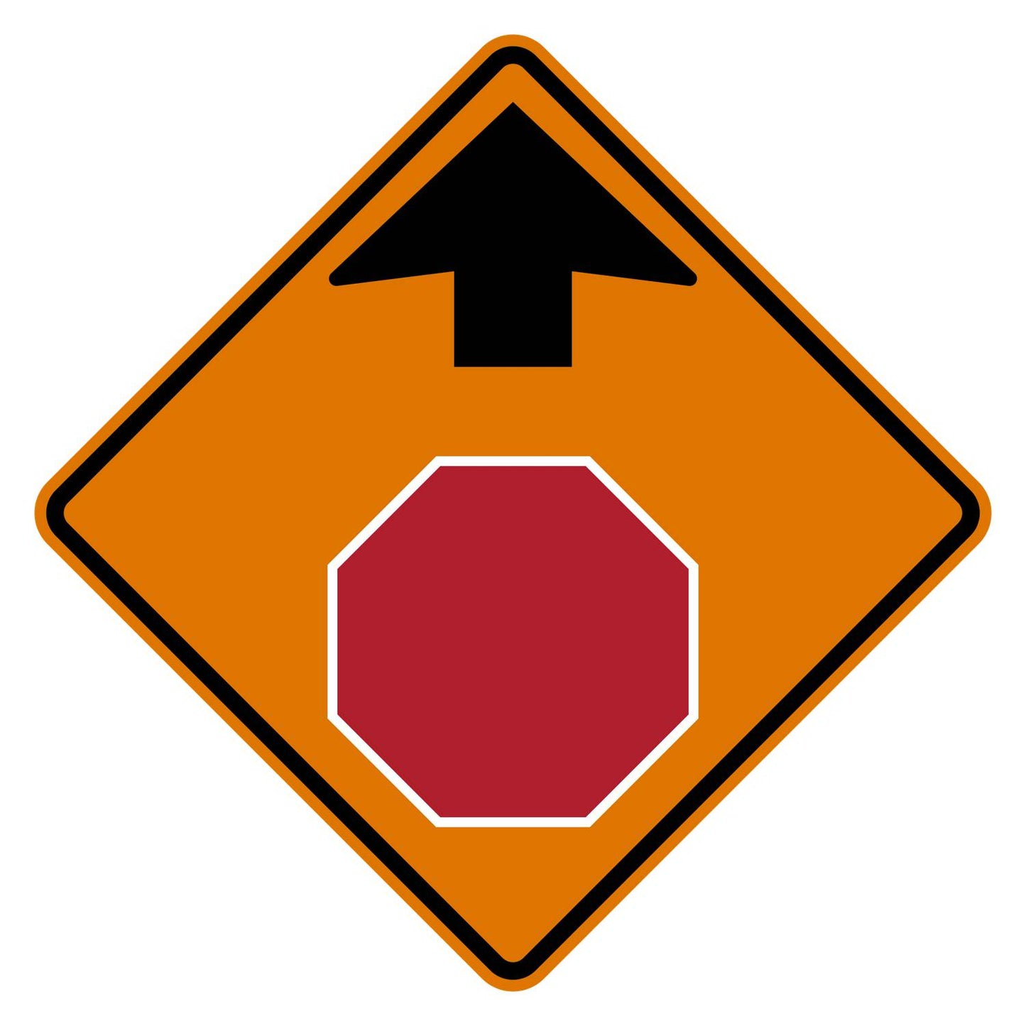 Orange diamond-shaped CW3-1 construction sign with stop ahead symbol.
