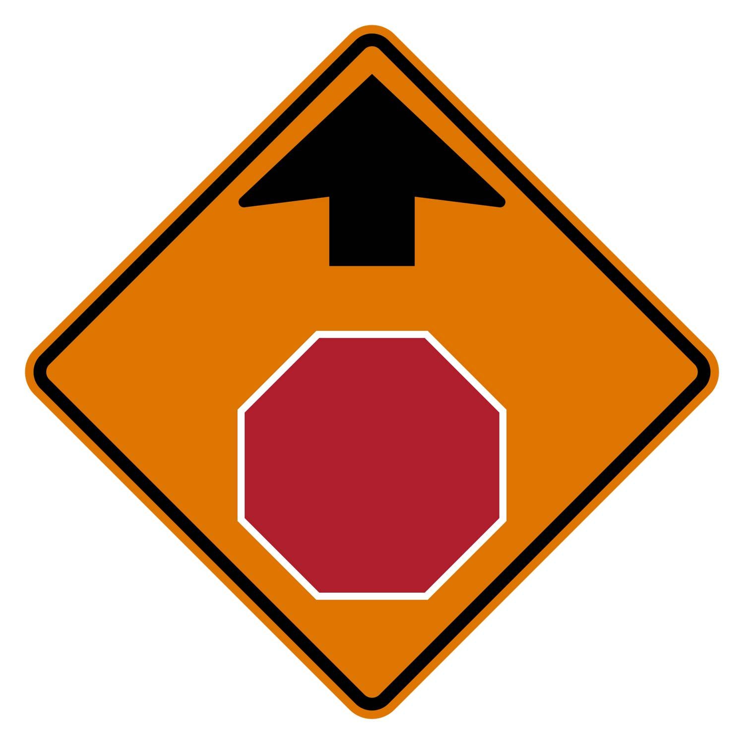 Orange diamond-shaped CW3-1 construction sign with stop ahead symbol.