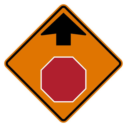 Orange diamond-shaped CW3-1 construction sign with stop ahead symbol.