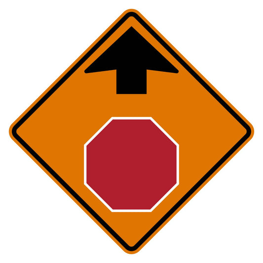 Orange diamond-shaped CW3-1 construction sign with stop ahead symbol.