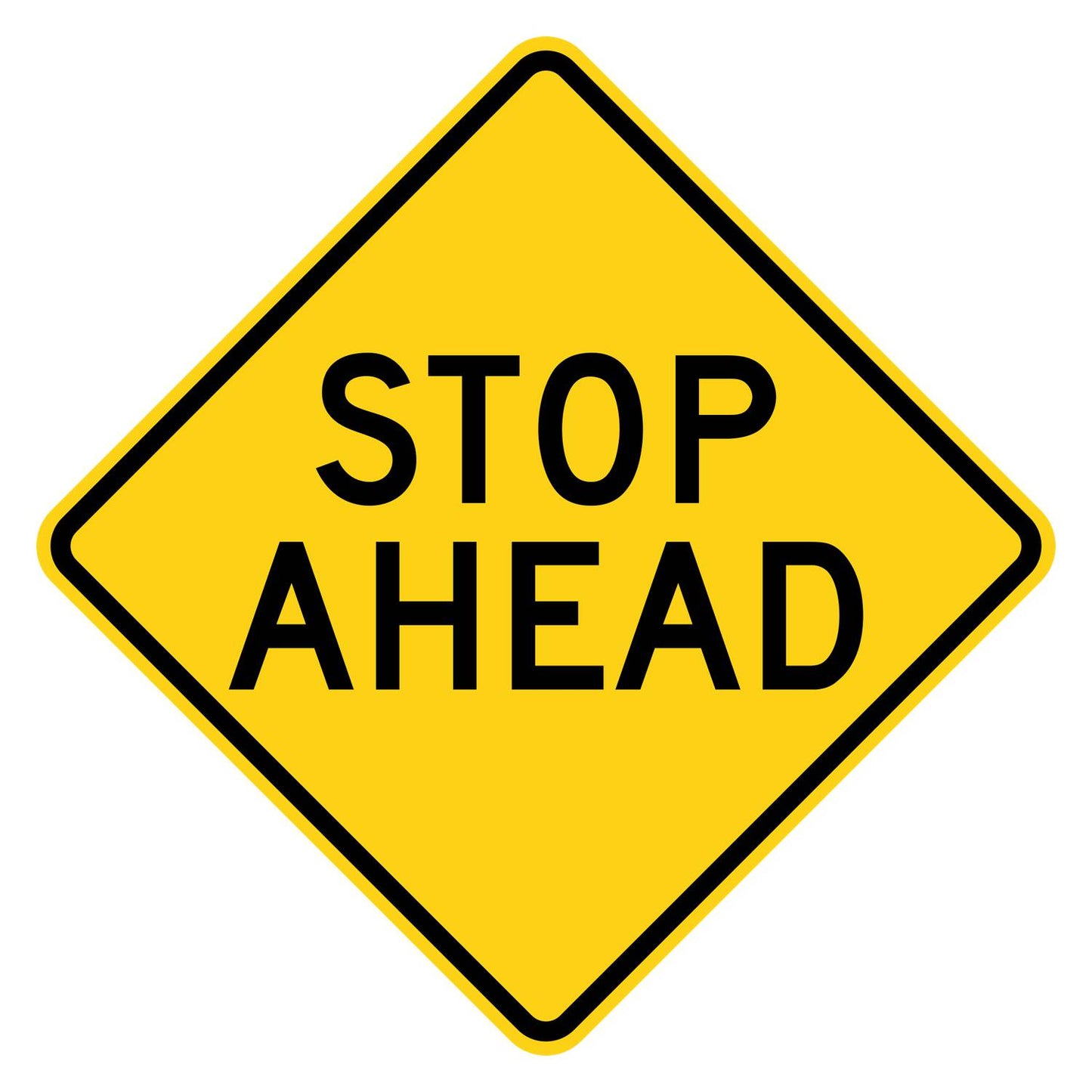 Yellow diamond-shaped W3-1A warning sign with black STOP AHEAD legend.