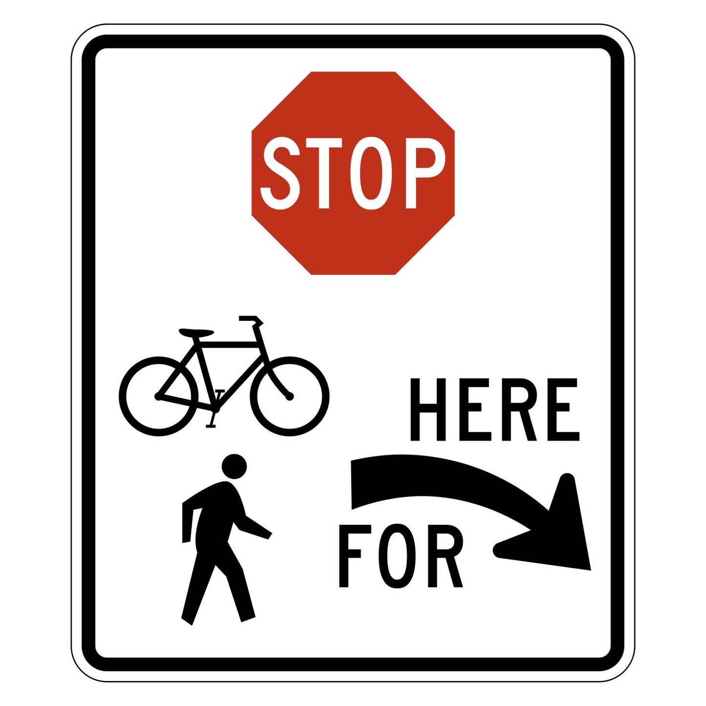 White R1-5eR Stop Here for Trail Crossing sign with red stop octagon, black bicycle, pedestrian, and right arrow.