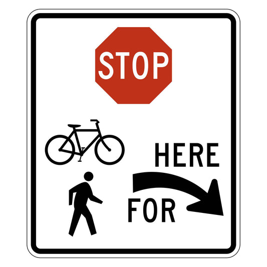 White R1-5eR Stop Here for Trail Crossing sign with red stop octagon, black bicycle, pedestrian, and right arrow.
