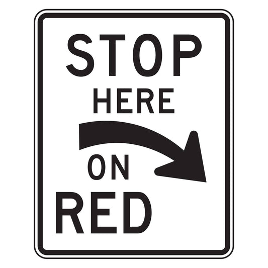 Stop Here on Red Curved Right Arrow Sign R10-6aR - white vertical rectangle sign reading STOP HERE ON RED with a curved arrow pointing down and to the right