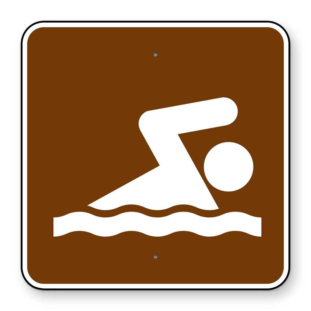 Swimming Symbol Sign RS-061 - brown square sign with a white swimmer in waves