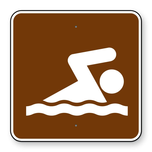 Swimming Symbol Sign RS-061 - brown square sign with a white swimmer in waves
