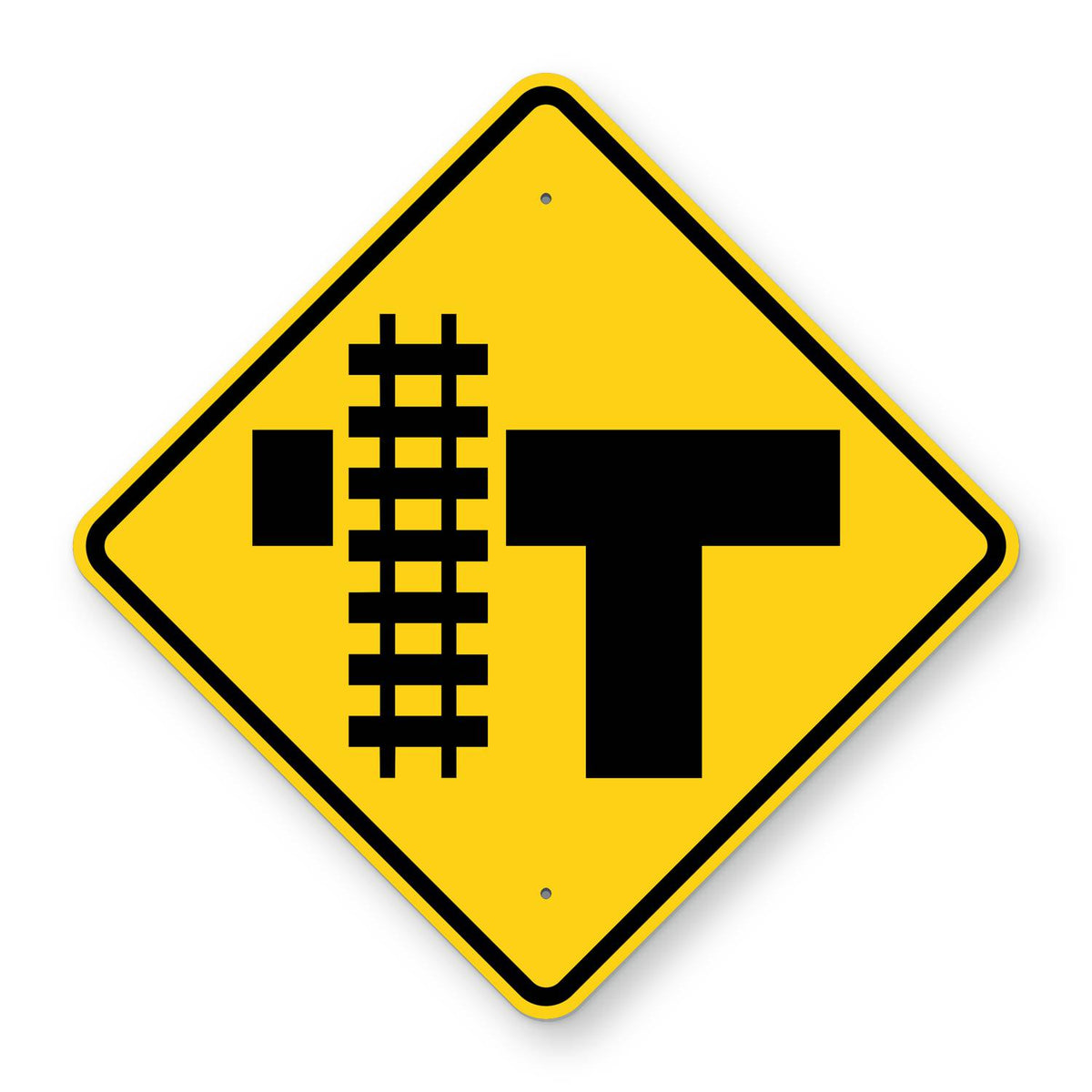 T Intersection Railroad Crossing Left Warning Sign W10-4L - yellow diamond sign with a black T intersection symbol and railroad tracks crossing the road on the left