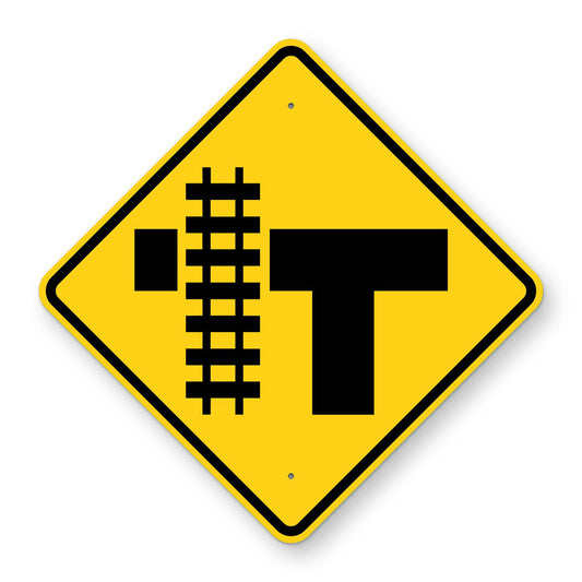T Intersection Railroad Crossing Left Warning Sign W10-4L - yellow diamond sign with a black T intersection symbol and railroad tracks crossing the road on the left