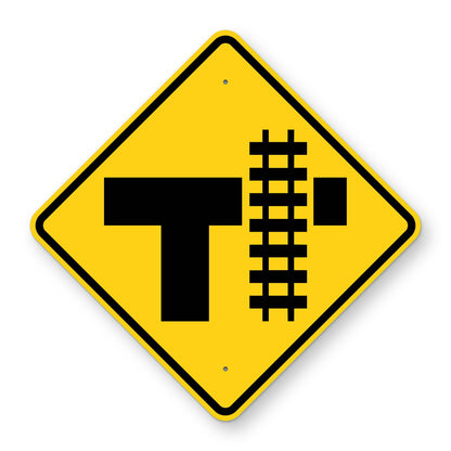 T Intersection Railroad Crossing Right Warning Sign W10-4R - yellow diamond sign with a black T intersection symbol and railroad tracks crossing the road on the right