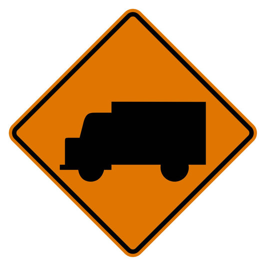 Orange diamond-shaped CW11-10 construction sign with black truck symbol.