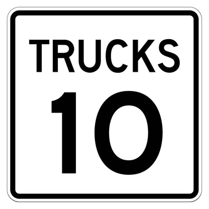 Truck Speed Limit 10 MPH Plaque R2-2P - white square plaque reading TRUCKS 10 in black