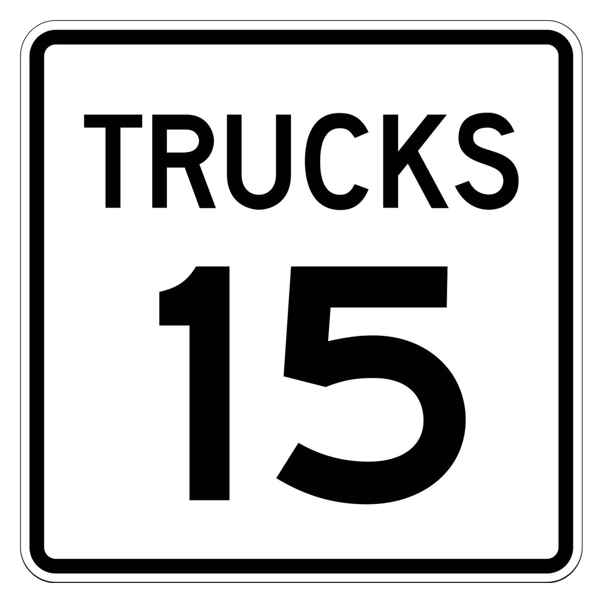 Truck Speed Limit 15 MPH Plaque R2-2P - white square plaque reading TRUCKS 15 in black
