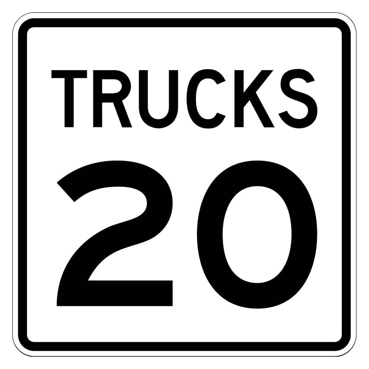 Truck Speed Limit 20 MPH Plaque R2-2P - white square plaque reading TRUCKS 20 in black