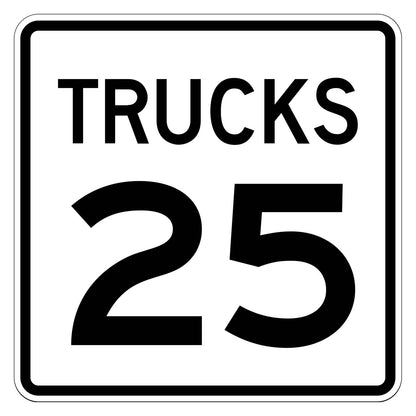 Truck Speed Limit 25 MPH Plaque R2-2P - white square plaque reading TRUCKS 25 in black