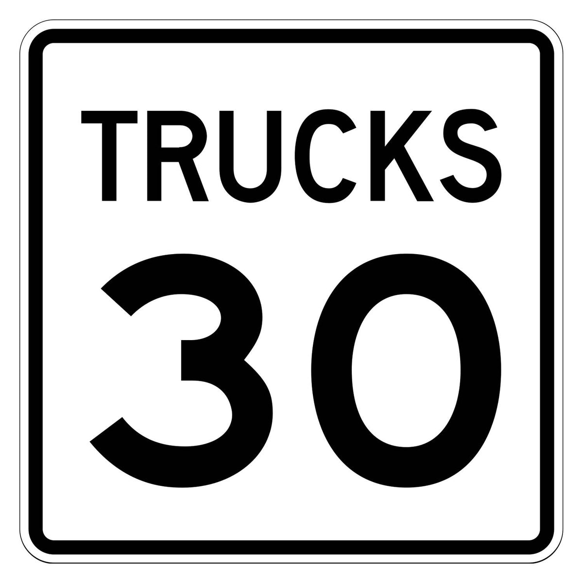 Truck Speed Limit 30 MPH Plaque R2-2P - white square plaque reading TRUCKS 30 in black