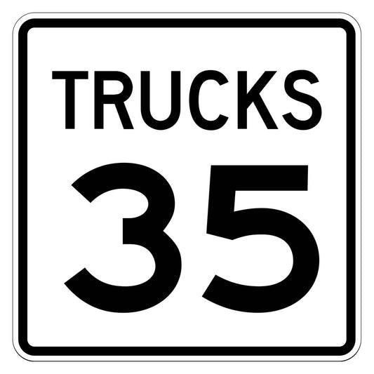 Truck Speed Limit 35 MPH Plaque R2-2P - white square plaque reading TRUCKS 35 in black