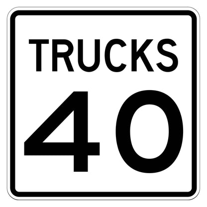 Truck Speed Limit 40 MPH Plaque R2-2P - white square plaque reading TRUCKS 40 in black
