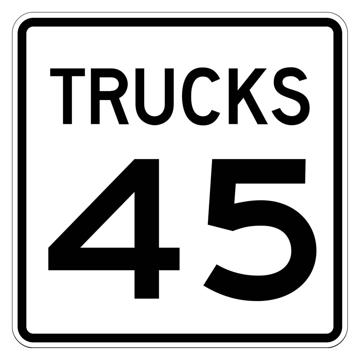 Truck Speed Limit 45 MPH Plaque R2-2P - white square plaque reading TRUCKS 45 in black