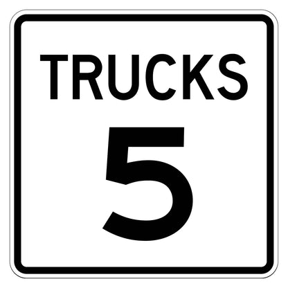 Truck Speed Limit 5 MPH Plaque R2-2P - white square plaque reading TRUCKS 5 in black