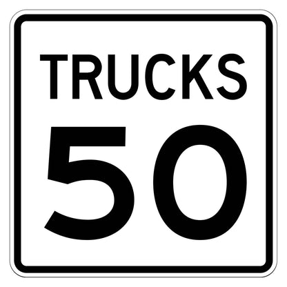 Truck Speed Limit 50 MPH Plaque R2-2P - white square plaque reading TRUCKS 50 in black