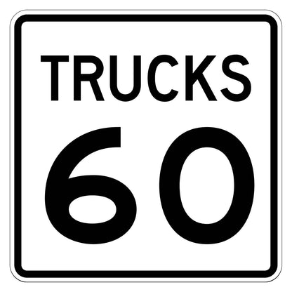 Truck Speed Limit 60 MPH Plaque R2-2P - white square plaque reading TRUCKS 60 in black