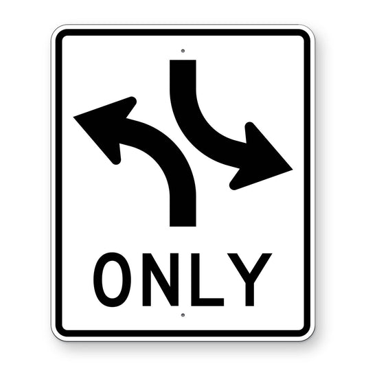 Two-Way Left Turn Only Overhead Sign R3-9a - white vertical rectangle sign with two opposing curved left turn arrows above the word ONLY