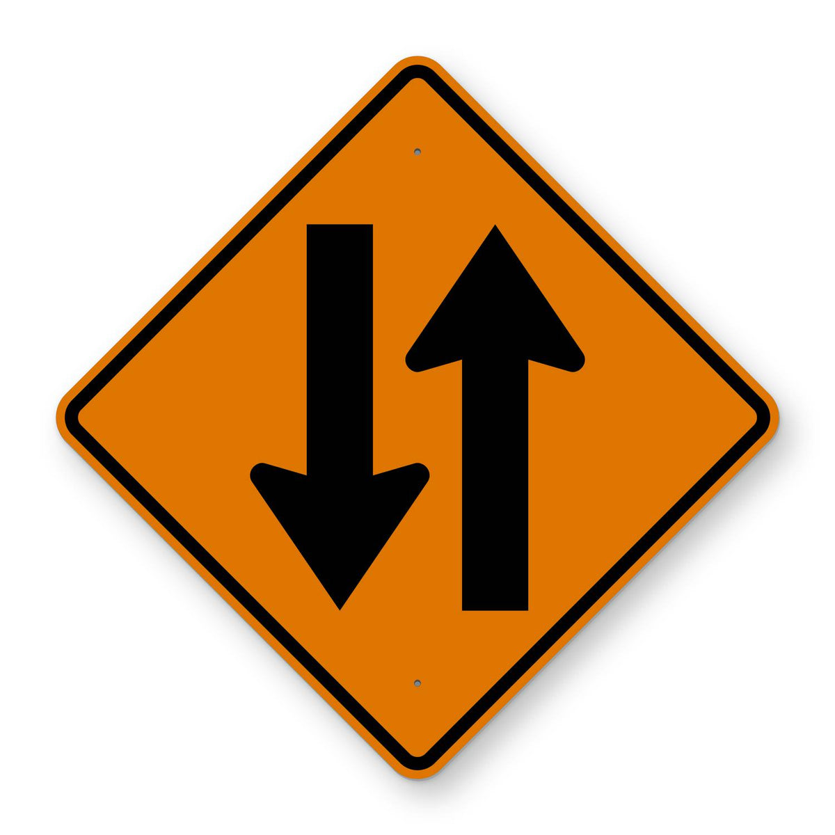 Two Way Traffic Construction Sign W6-3 - orange diamond sign with two black arrows, one pointing up and one pointing down